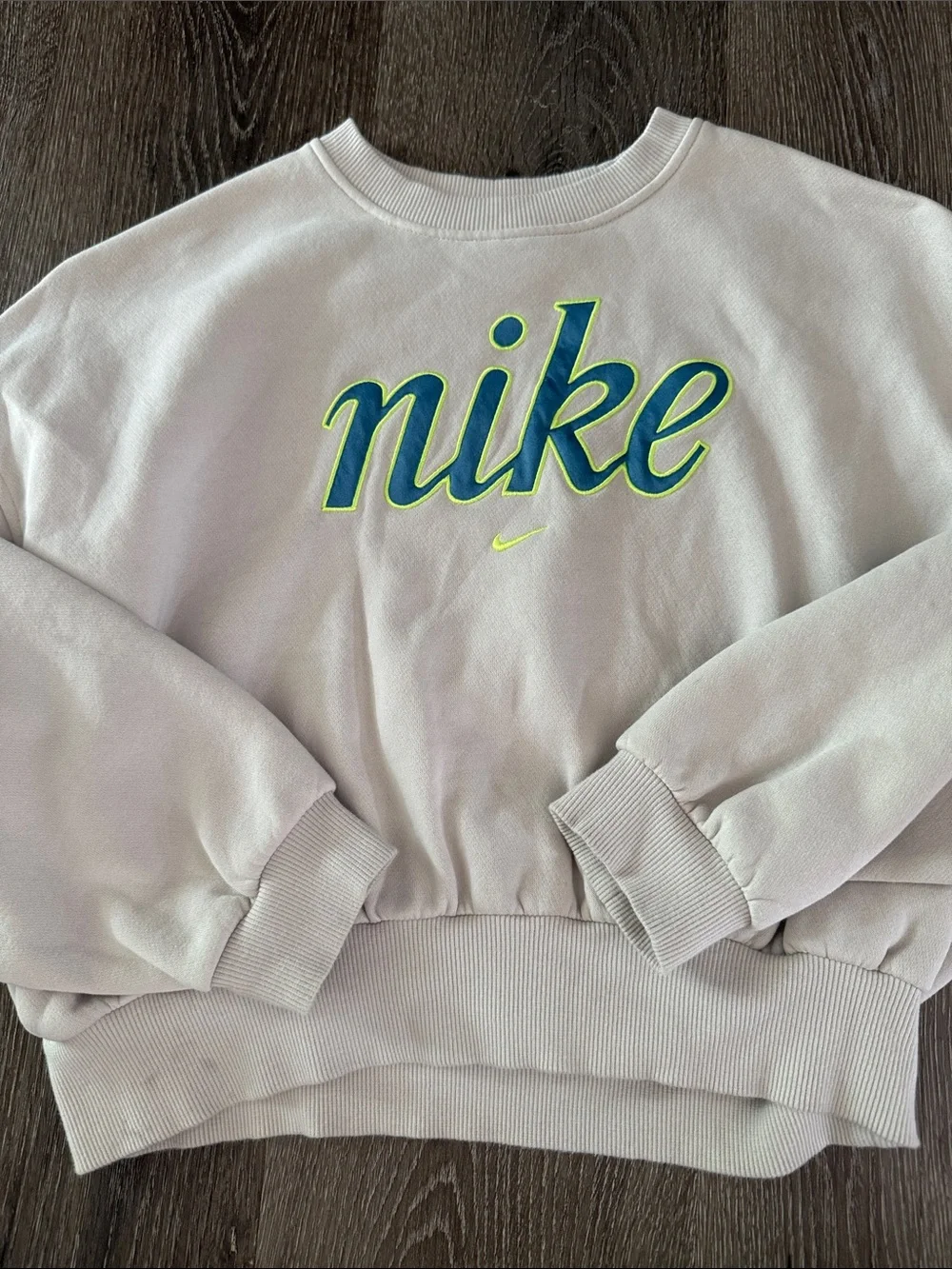 Nike Women's Cream Crew Sweatshirt with Blue and Neon Green Logo